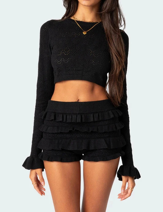 “Arielle” Knit Ruffle Detail Micro Short and Cropped Top Co-Ord Set