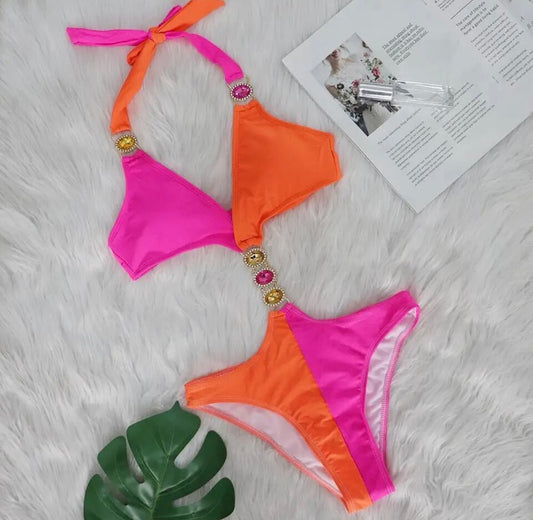 “Sunset” Contrast Jewel Cut Out Swimsuit
