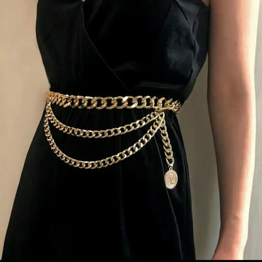 Gold Coin Detail Chain Dress Belt
